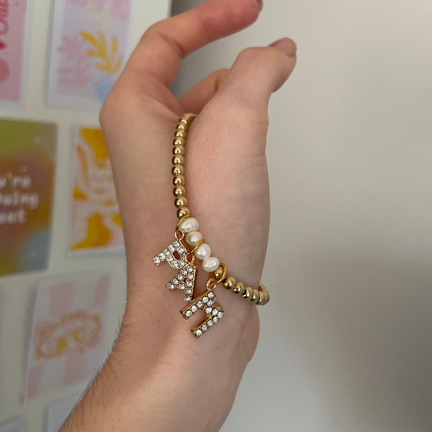 Set #22 Personalised 3pcs Gold Pearl Pendant Bracelet Anklet Stackers Set