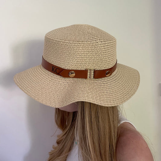 Personalised Initial Faux Leather Monogram Beach Summer Sun Hat Straw Hat