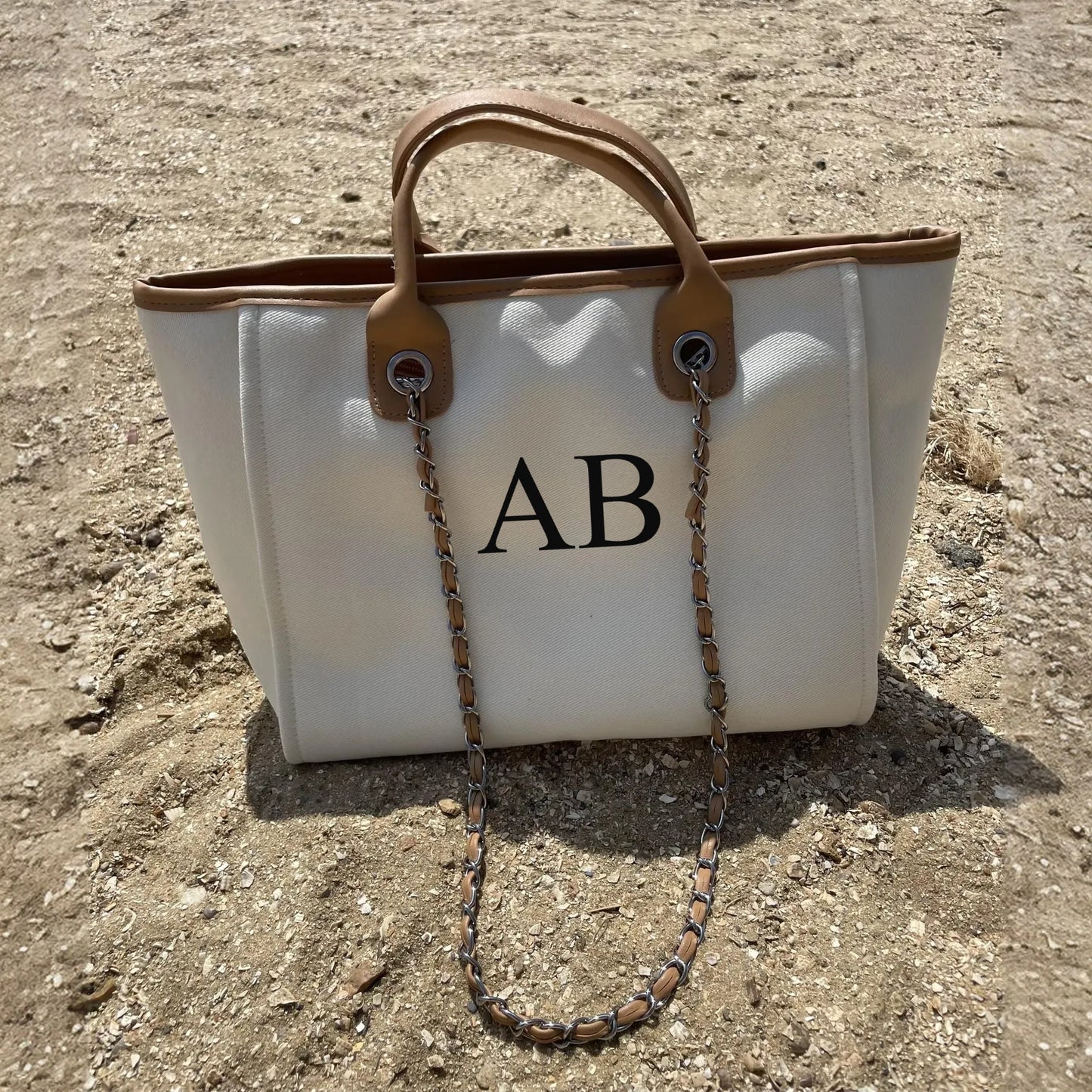 Personalised Cream & Tan Large Chain Initial Tote Bag