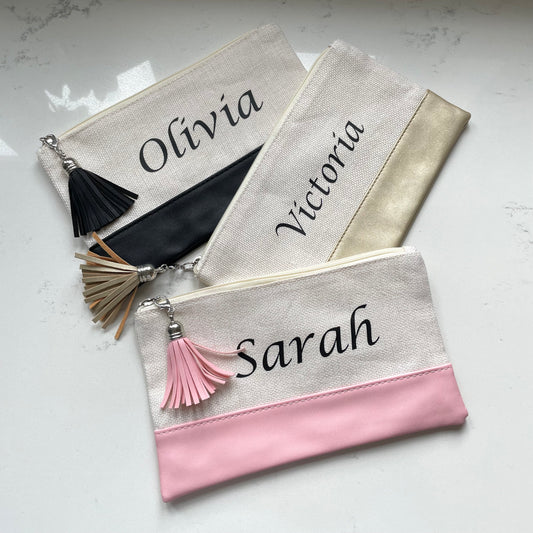 Personalised Tassel Canvas & Faux Leather Cosmetic Bags