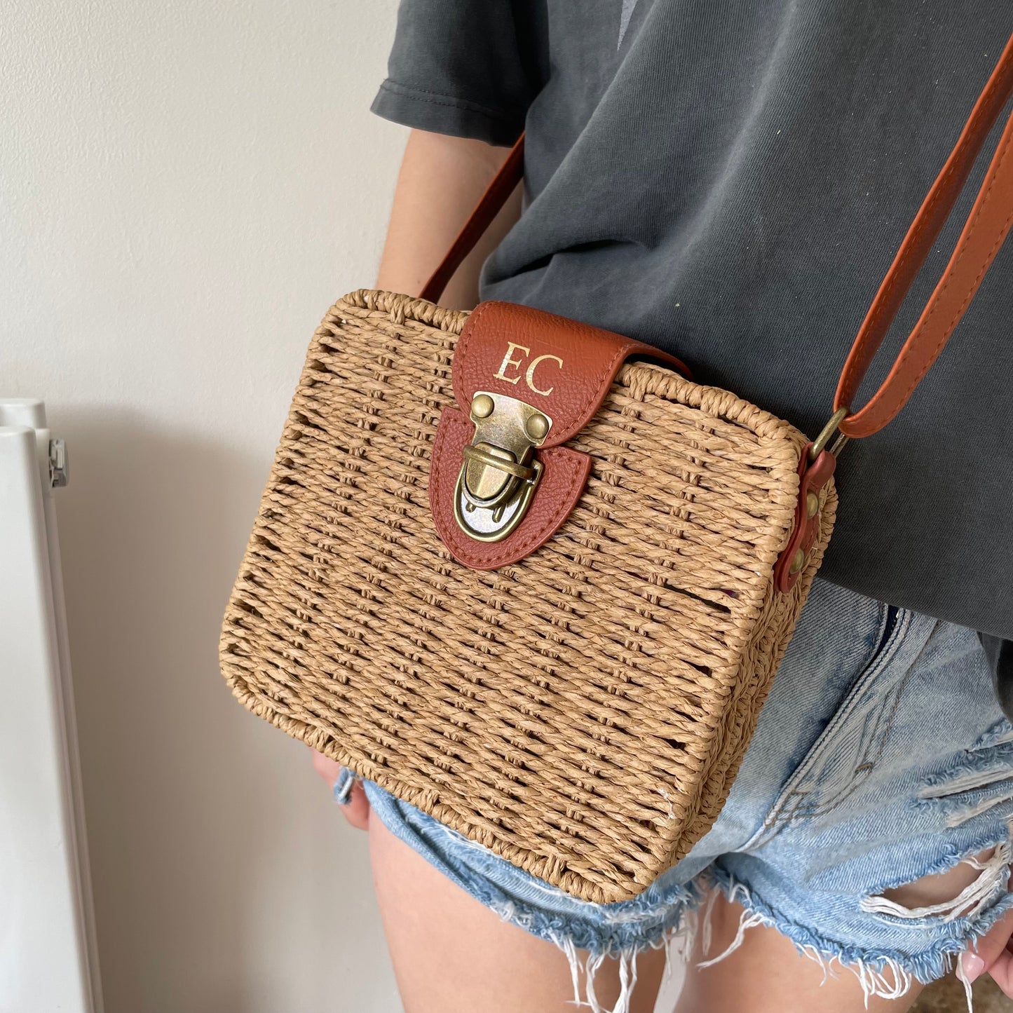 Personalised HARRIET Square Straw Rattan Wicker Tan Brown Cross Body Bag