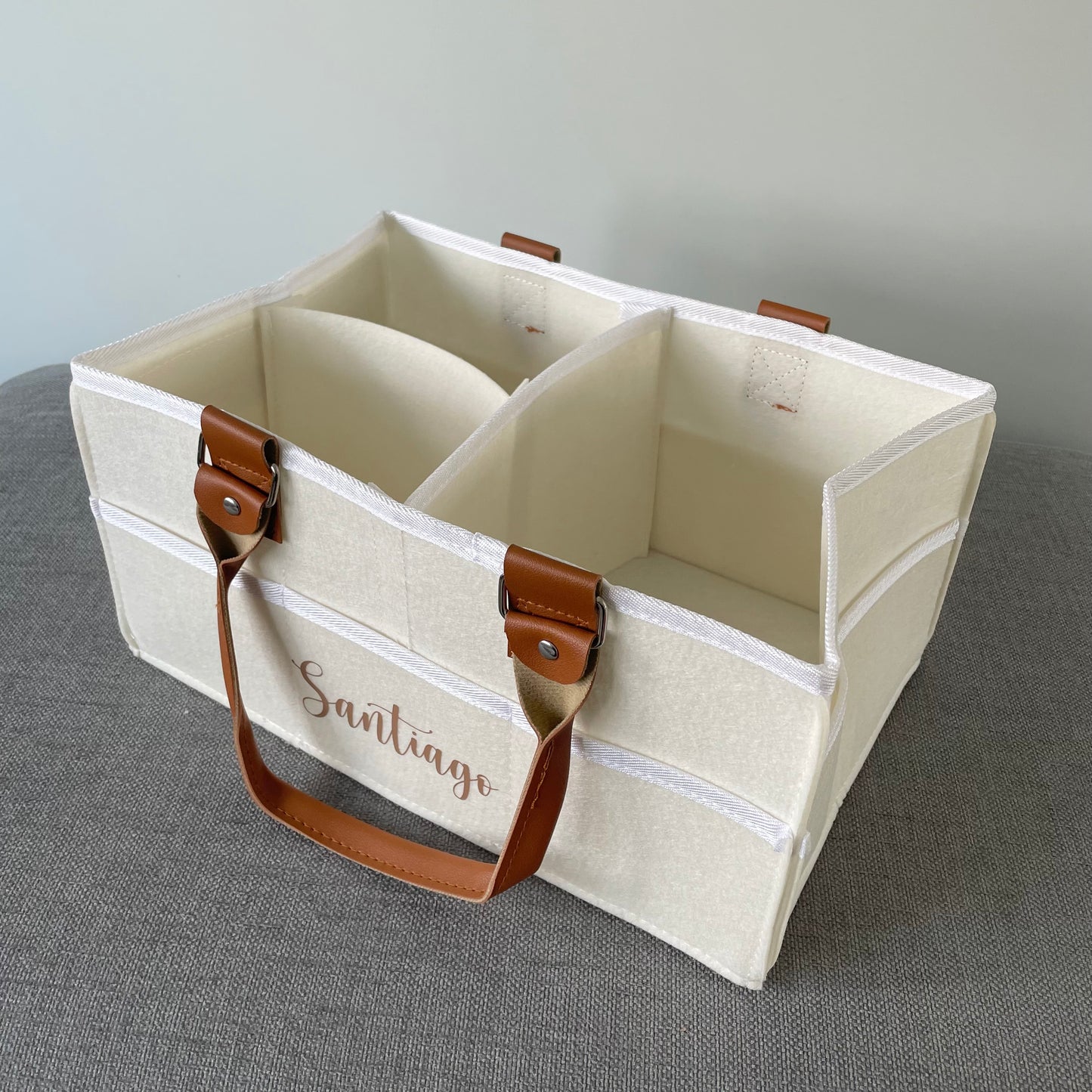 Personalised Felt With Brown Handles Nappy Changing Organiser Bag