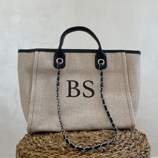 Personalised Beige & Black Chain Large Initial Tote Bags