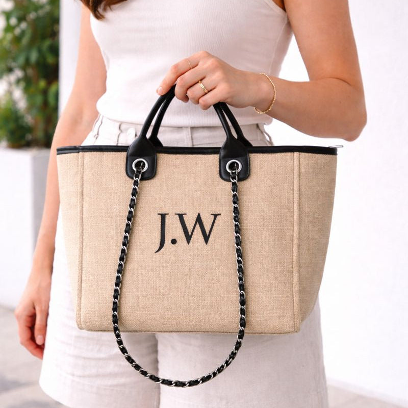 Personalised Beige & Black Chain Large Initial Tote Bags