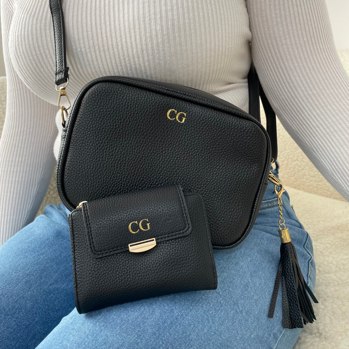 Personalised RHONA Embossed Faux Leather Chevron Cross Body Bag & Purse Set