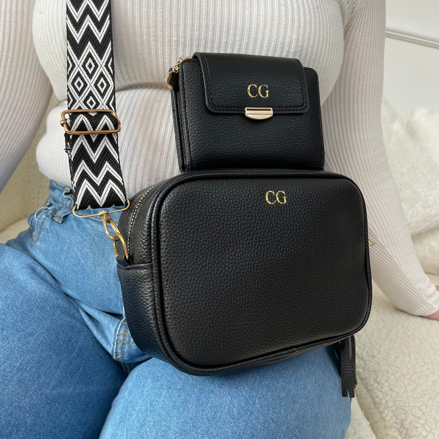 Personalised RHONA Embossed Faux Leather Chevron Cross Body Bag & Purse Set