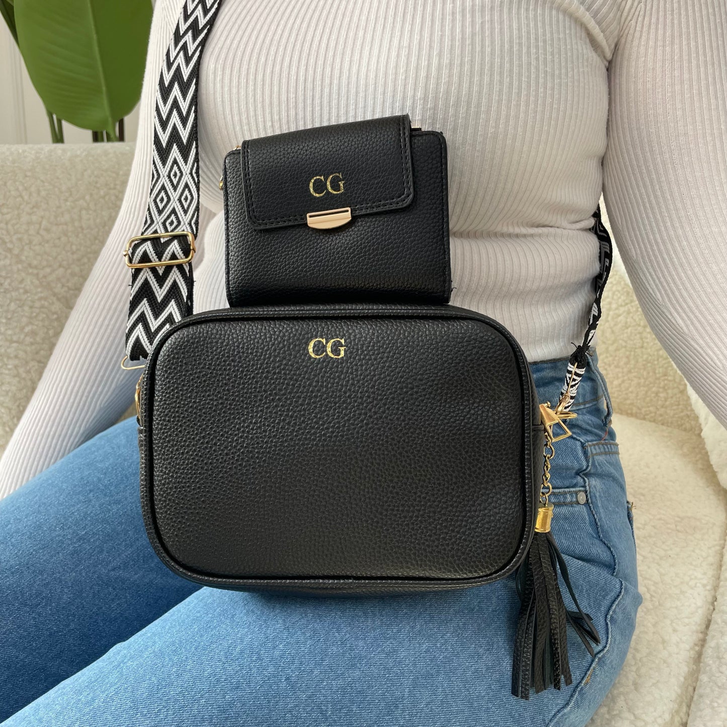 Personalised RHONA Embossed Faux Leather Chevron Cross Body Bag & Purse Set