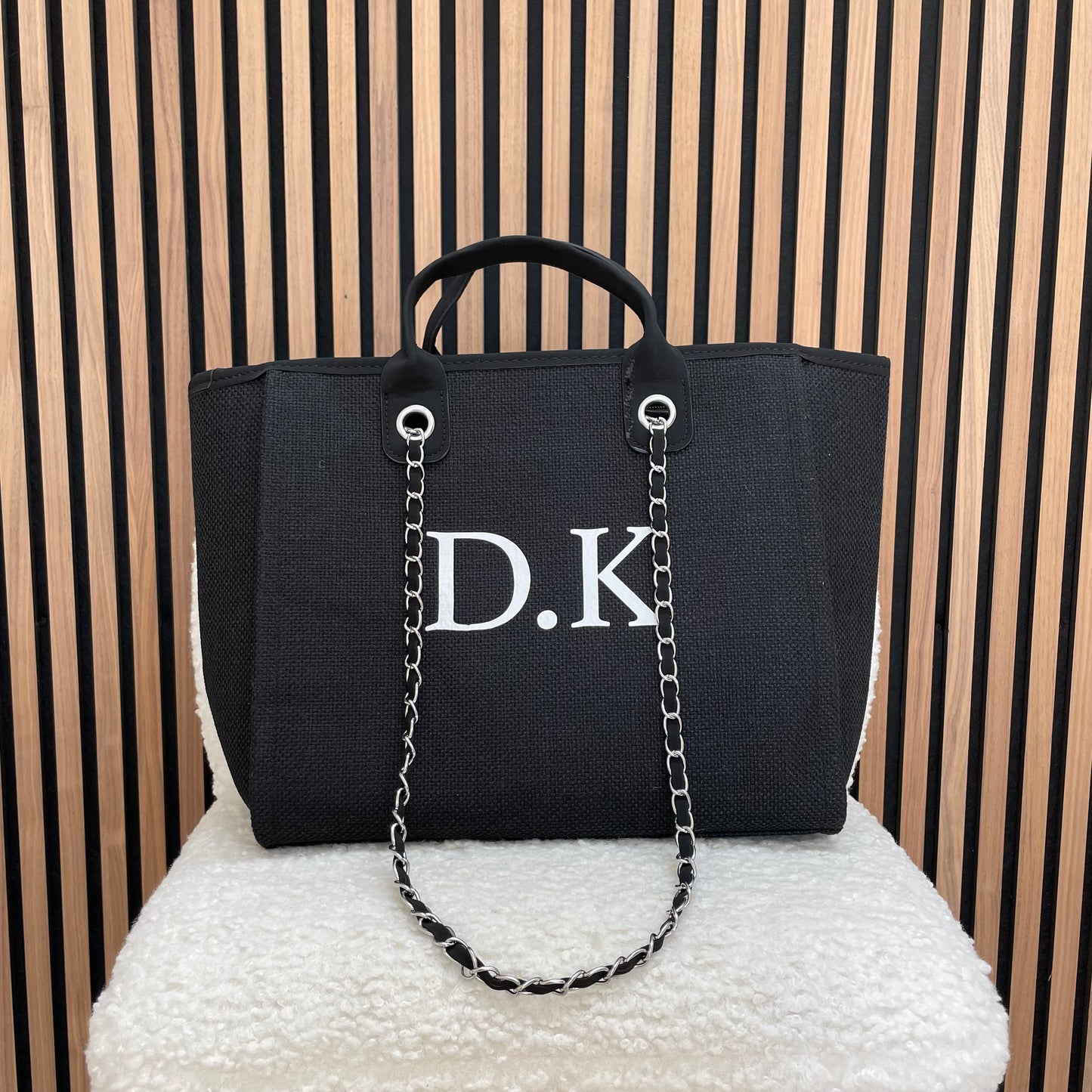 Personalised Plain Black Large Chain Initial Tote Bags