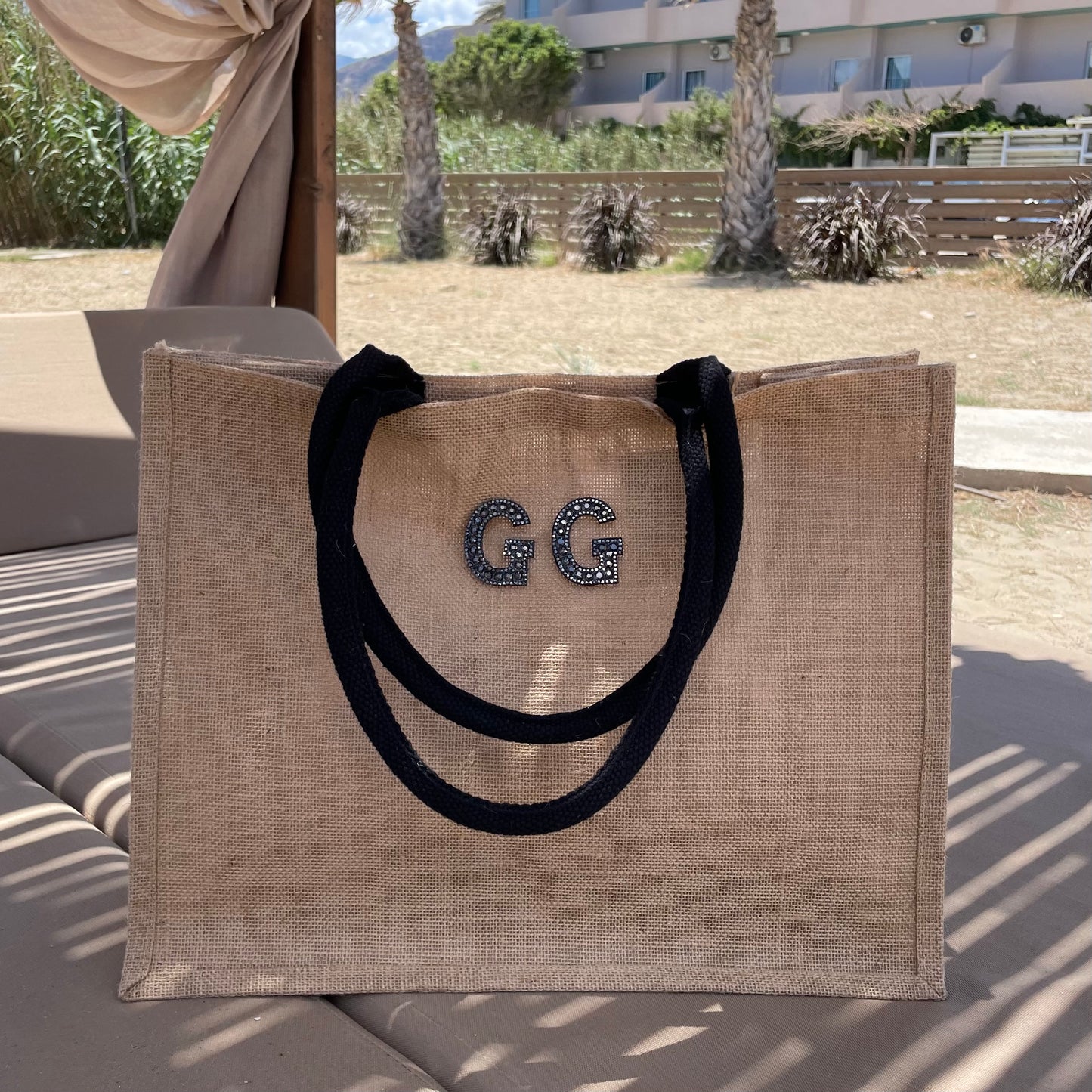 Personalised Patch Square Jute Shoulder Beach Shopper Tote Bag