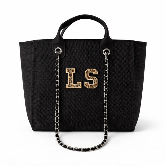 Personalised Leopard Print Patch Chain Large Initial Tote Bags