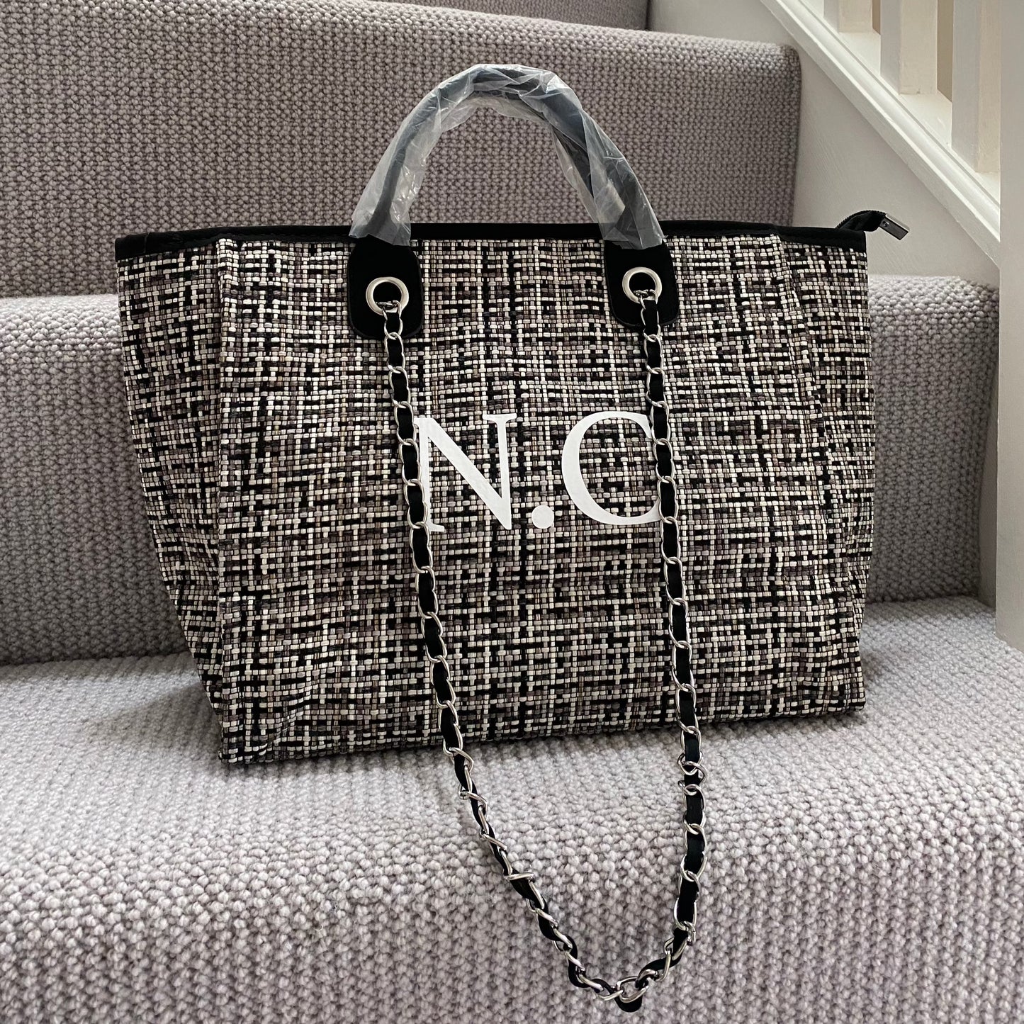 Personalised Black Tweed Large Chain Initial Tote Bags