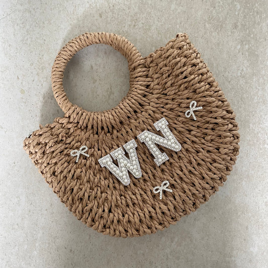 Personalised ADA Silver Bow Straw Basket Bag
