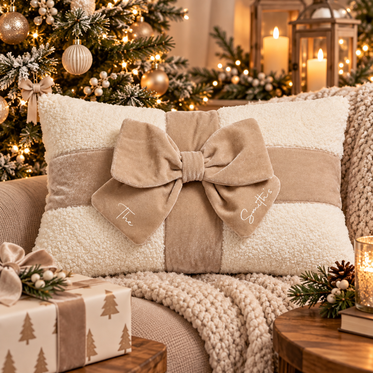 Personalised Velvet Bow Christmas Cushion