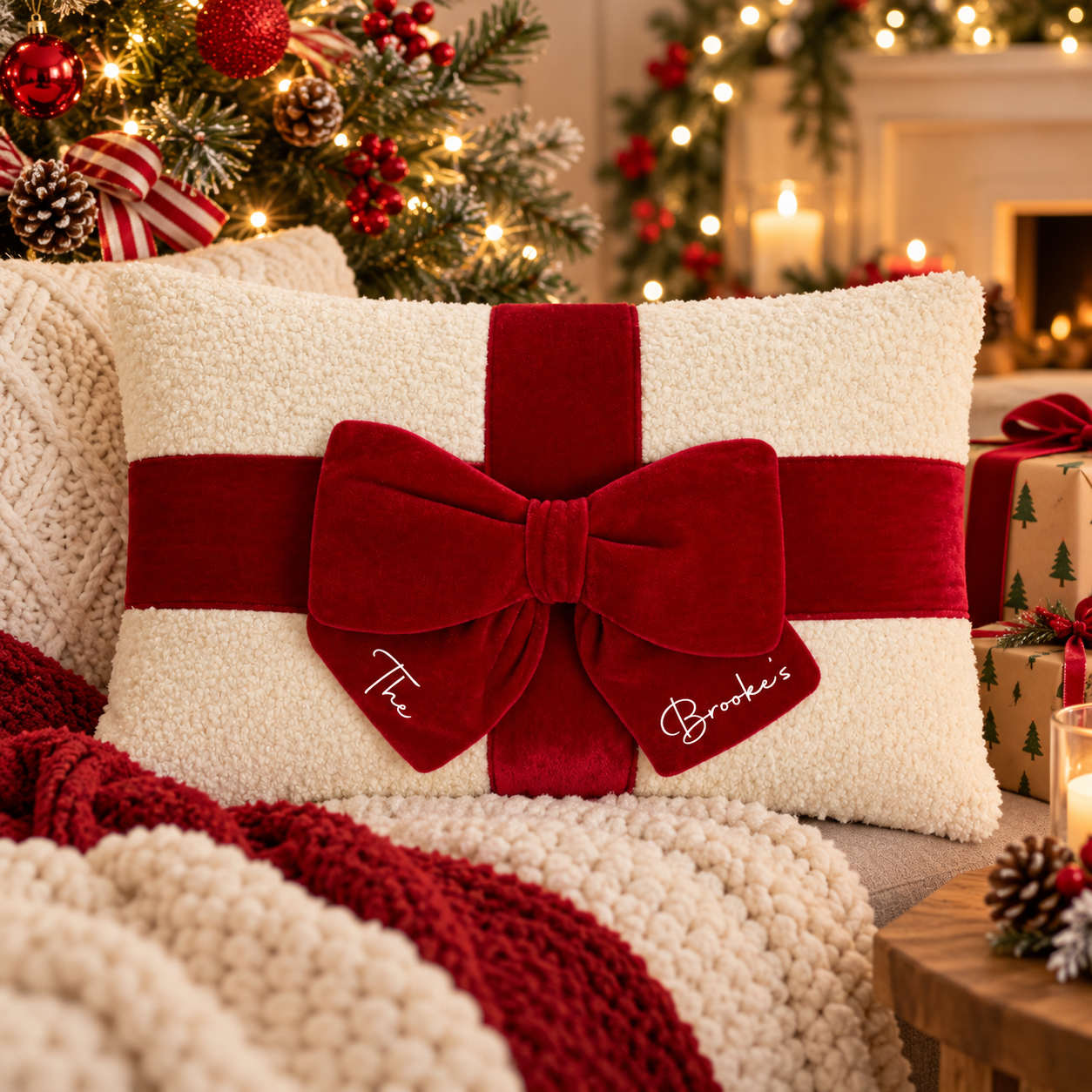 Personalised Velvet Bow Christmas Cushion