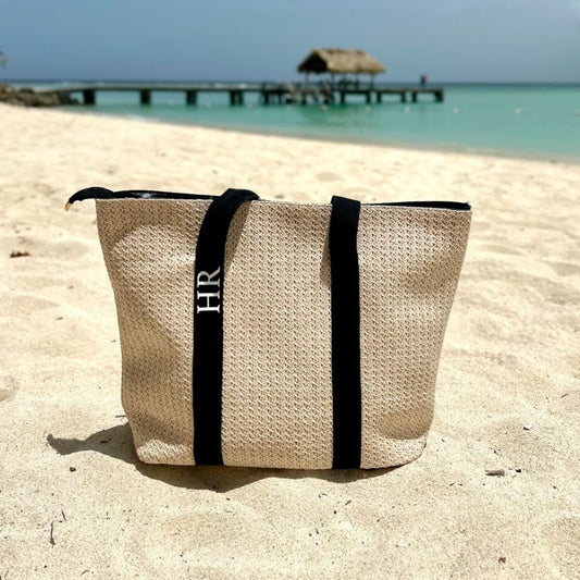 Personalised DANNI Large Black Ribbon Straw Tote Bag