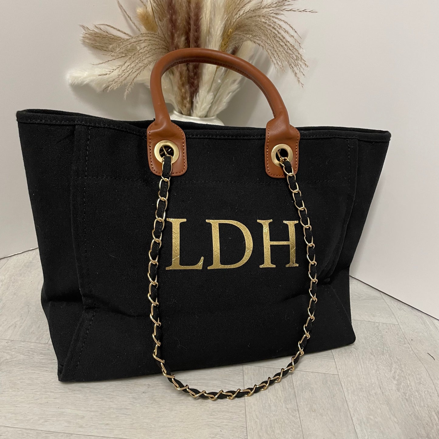 Personalised Black & Brown Large Chain Initial Tote Bags