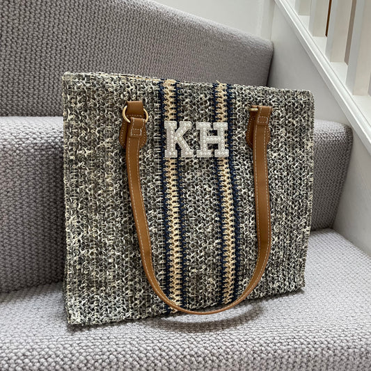 Personalised Square Patch Straw Tote Beach Shoulder Bag