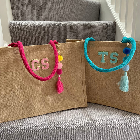 Personalised Square Jute Pom Pom Shoulder Beach Shopper Tote Bag