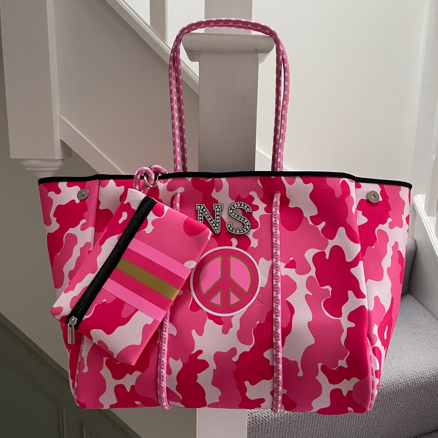 Personalised Pink Peace Camo Neoprene Patch Pink Tote Bag & Pouch