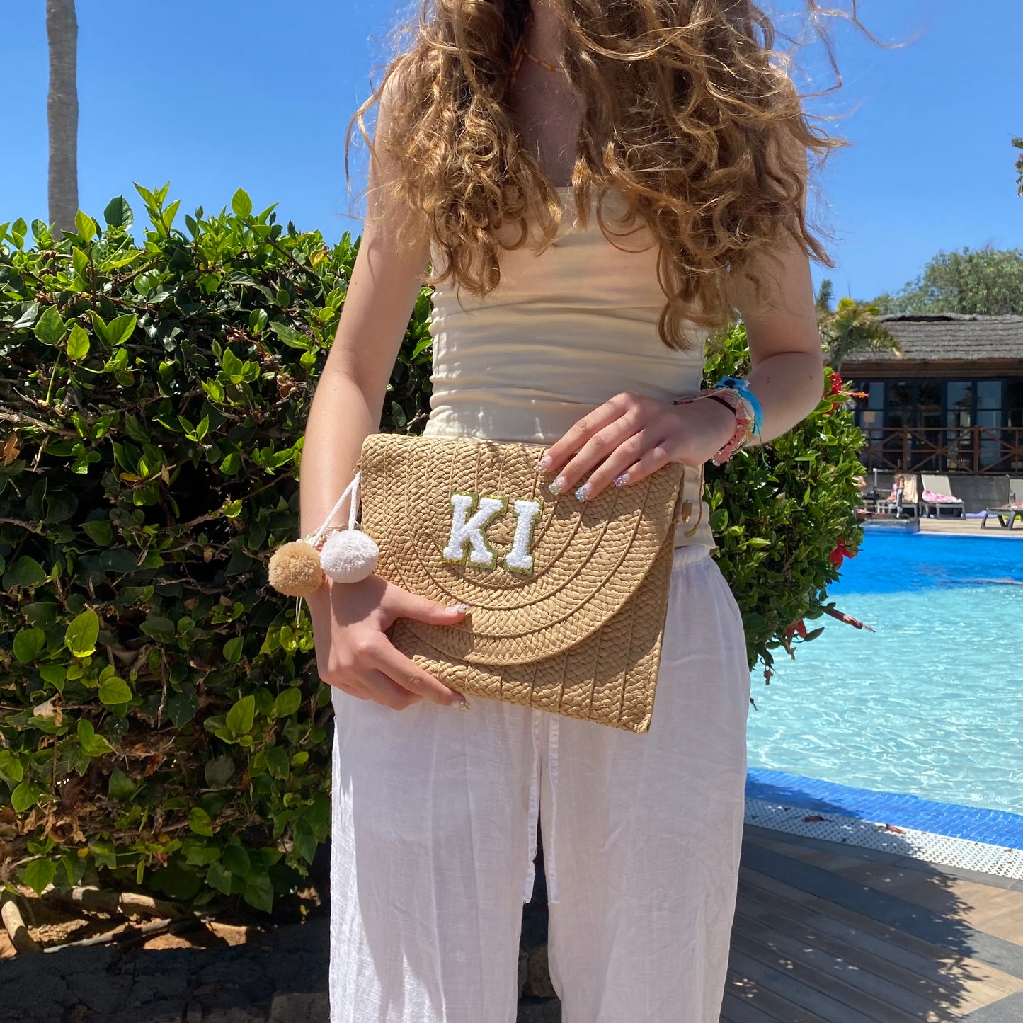 Personalised Straw Gold Pom Pom Bag