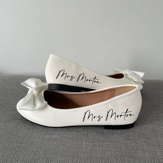 Personalised Bridal Prom White Bow Pump Slip On Flats