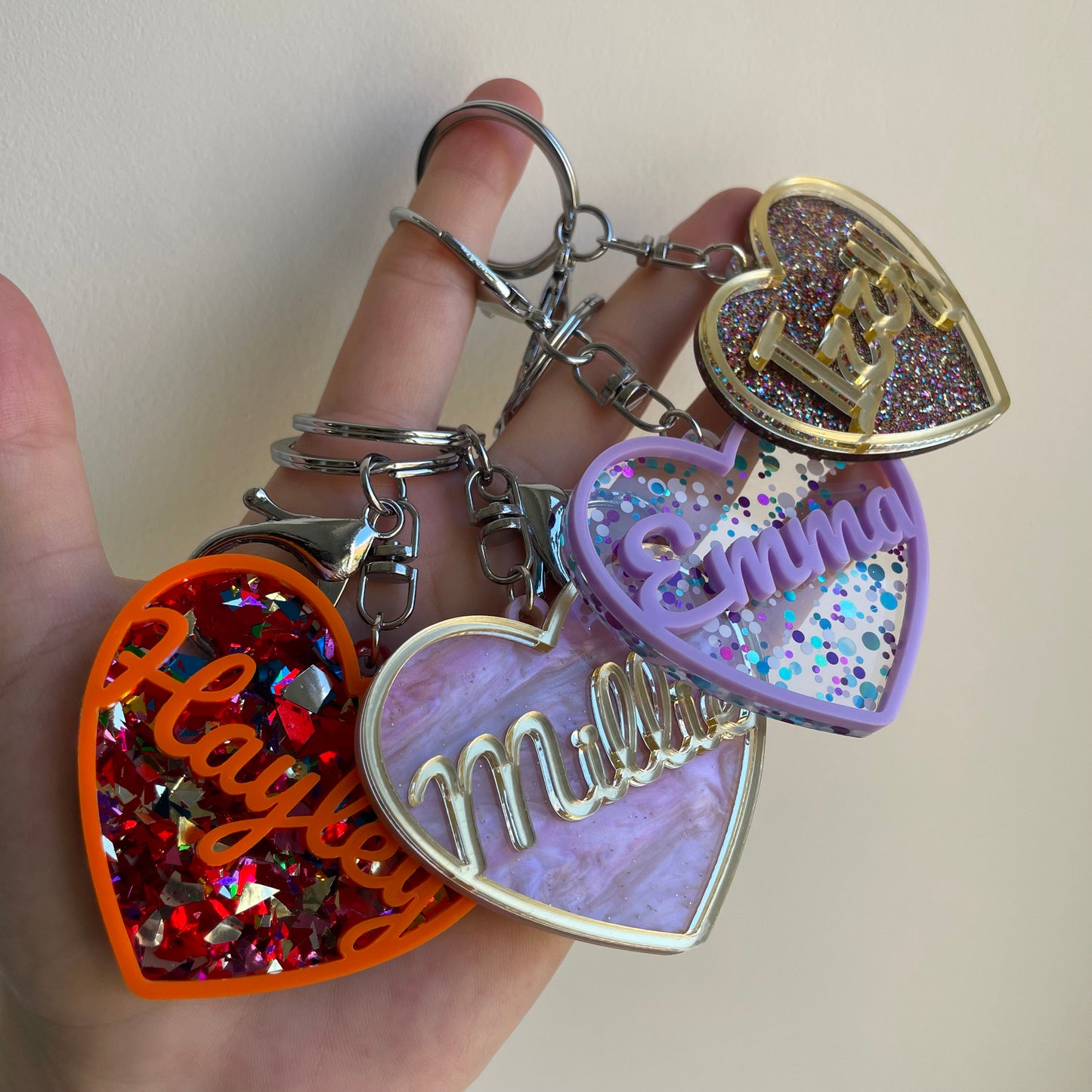 Personalised Heart Acrylic Glitter key chains key rings bag charm