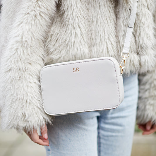 Personalised Embossed Saffiano Leather Box Camera Cross Body Bag