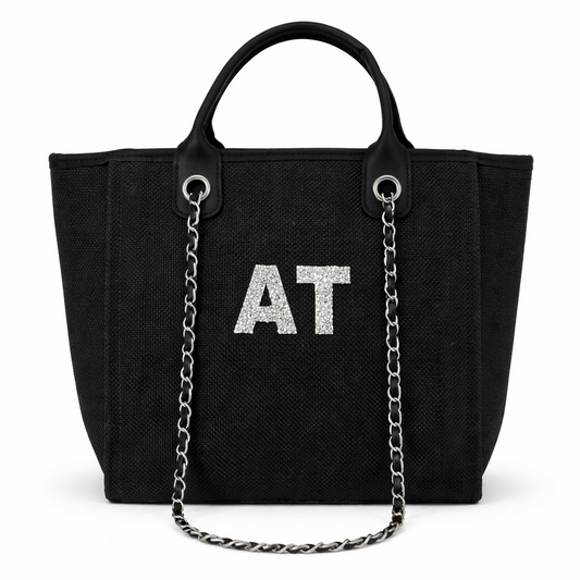 Personalised Silver Crystal Large Initial Chain Tote Bags