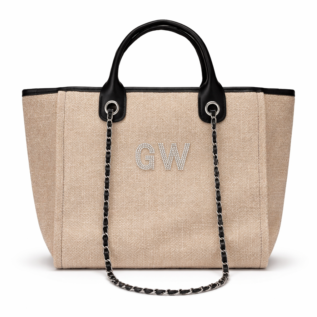 Personalised Silver Diamanté Large Initial Chain Tote Bag