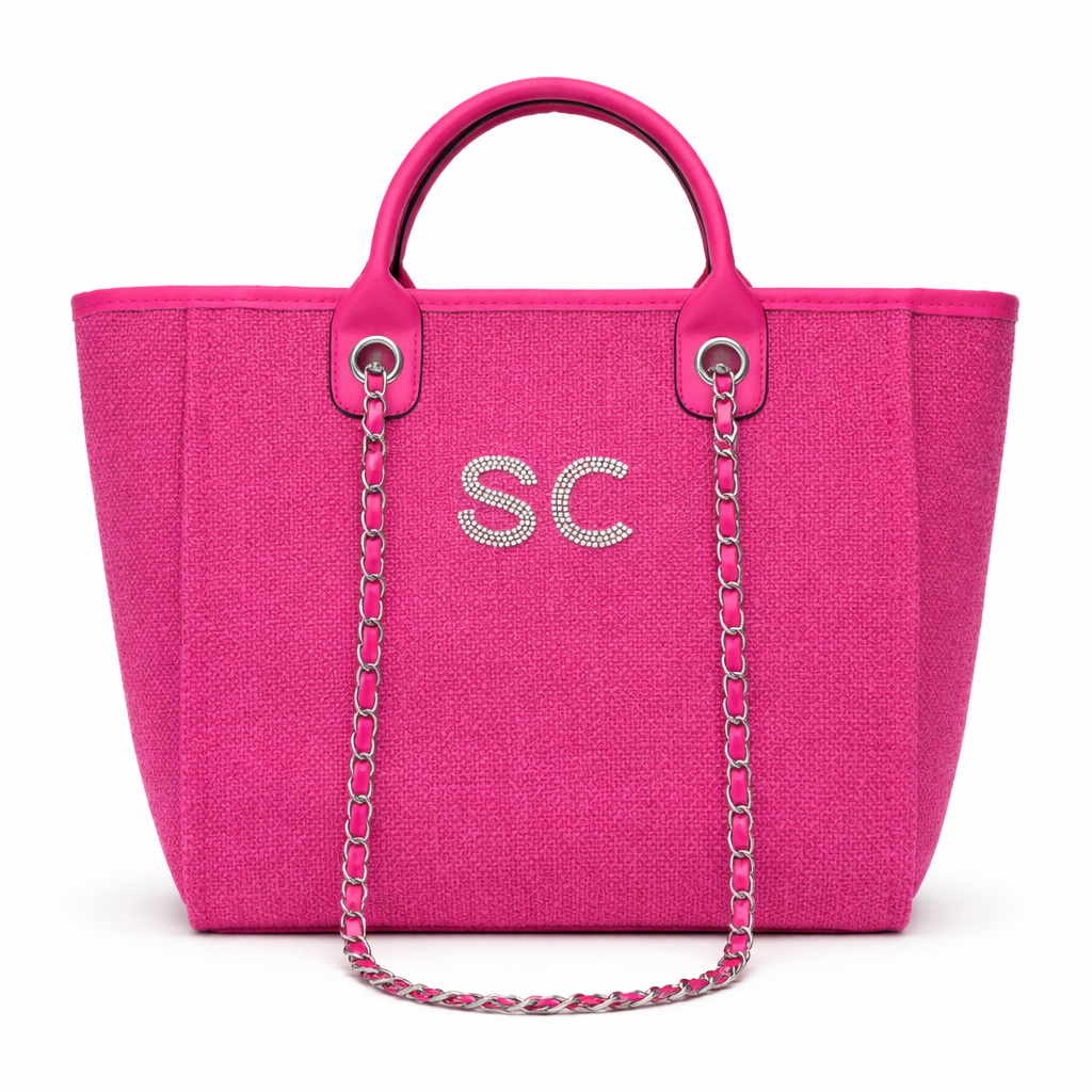 Personalised Silver Diamanté Large Initial Chain Tote Bag