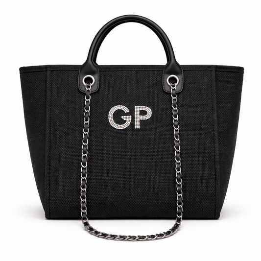 Personalised Silver Diamanté Large Initial Chain Tote Bag