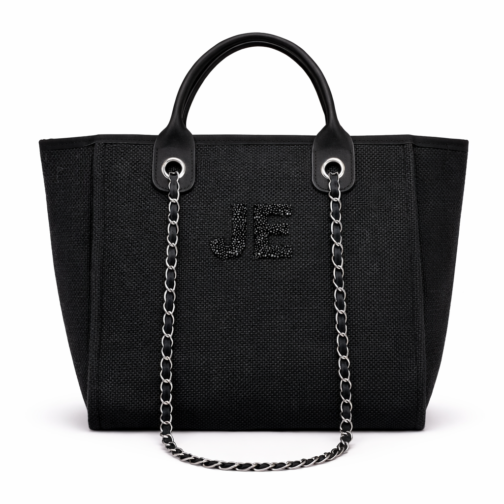 Personalised Black Crystal Large Initial Chain Tote Bags