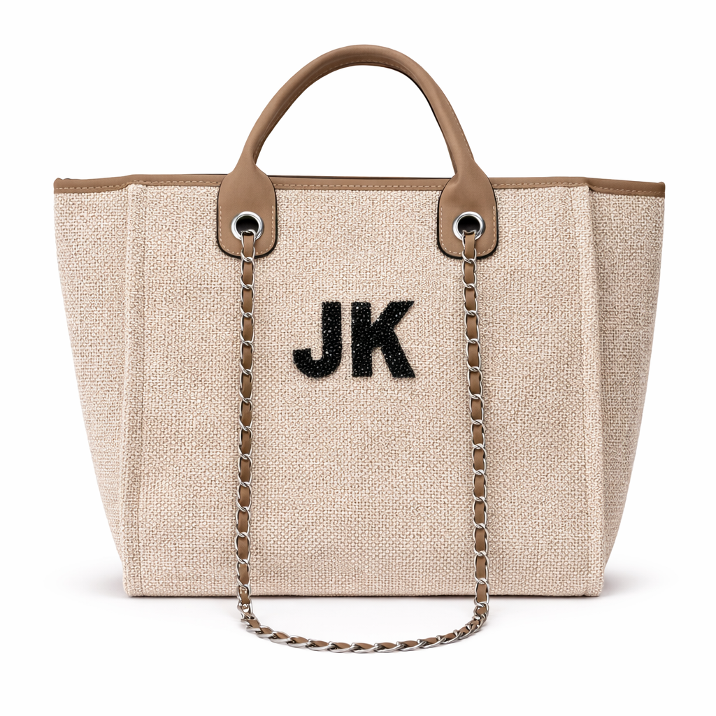 Personalised Black Crystal Large Initial Chain Tote Bags