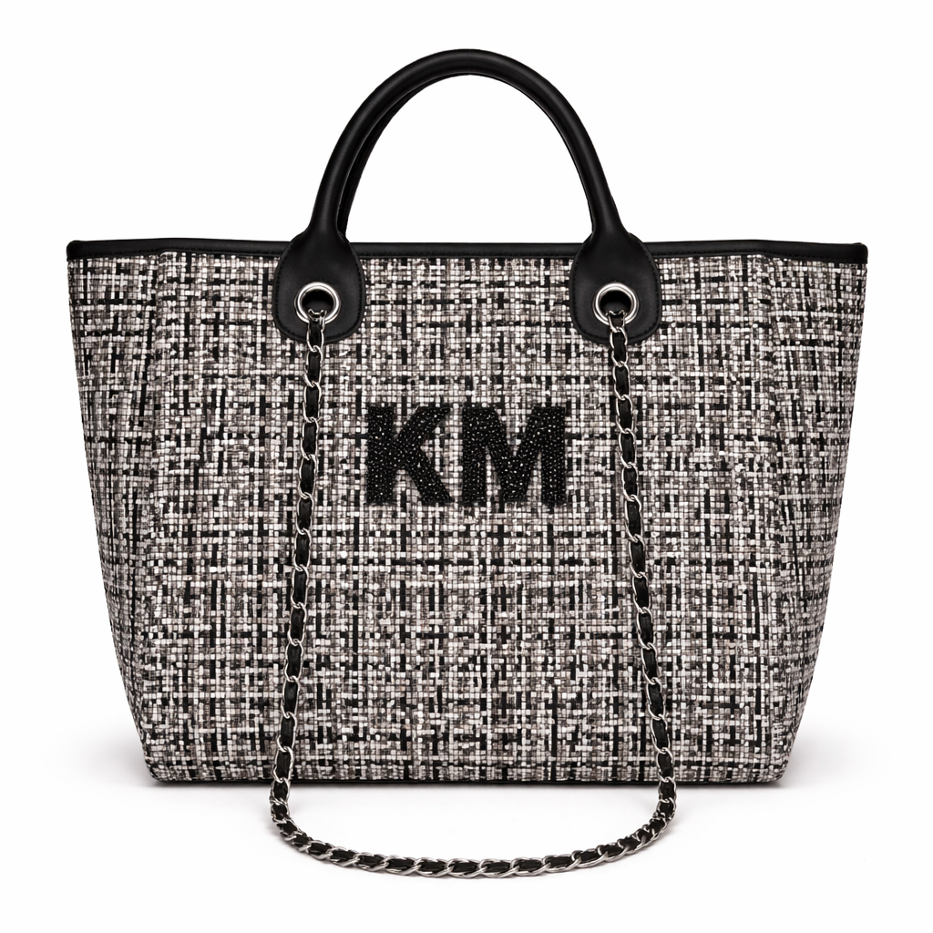 Personalised Black Crystal Large Initial Chain Tote Bags