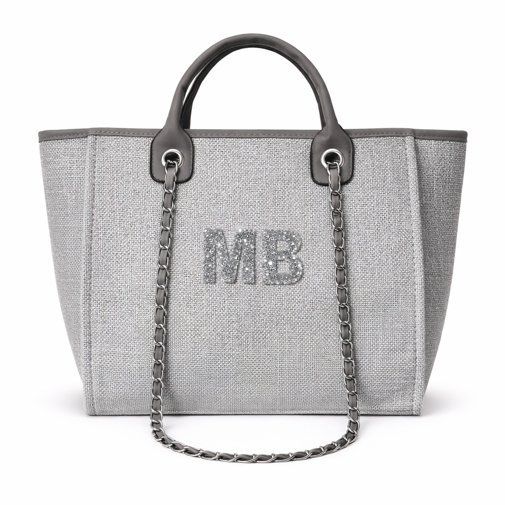 Personalised Silver Crystal Large Initial Chain Tote Bags