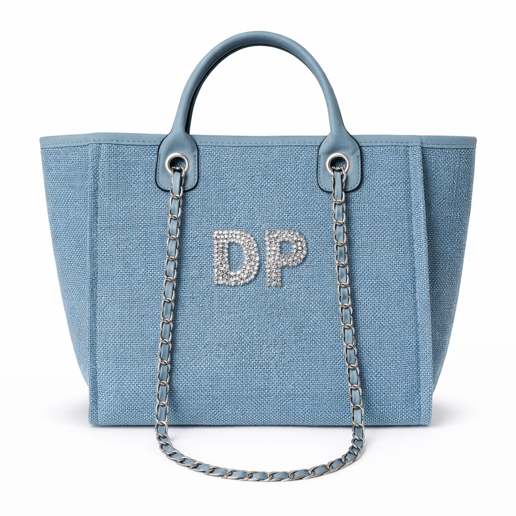 Personalised Silver Crystal Large Initial Chain Tote Bags
