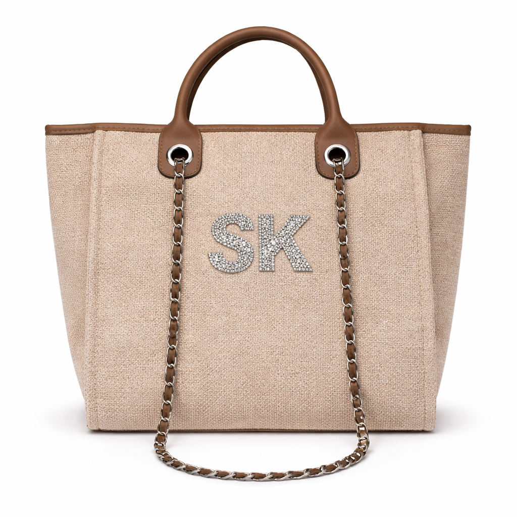 Personalised Silver Crystal Large Initial Chain Tote Bags