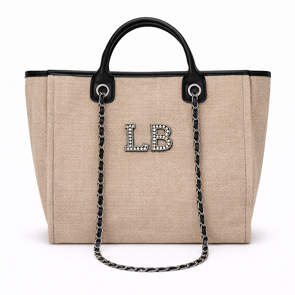 Personalised Silver Black Pearl Patch Chain Large Initial Tote Bags