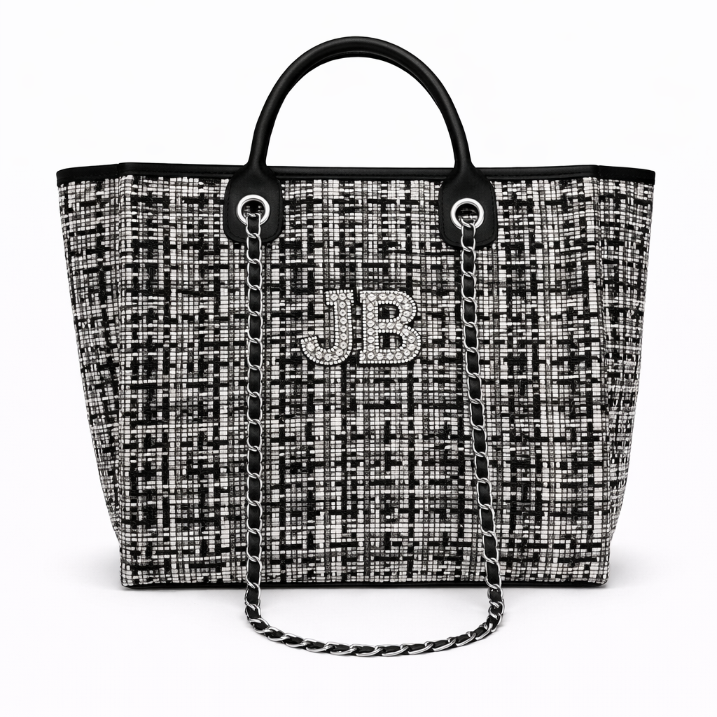 Personalised Silver Black Pearl Patch Chain Large Initial Tote Bags