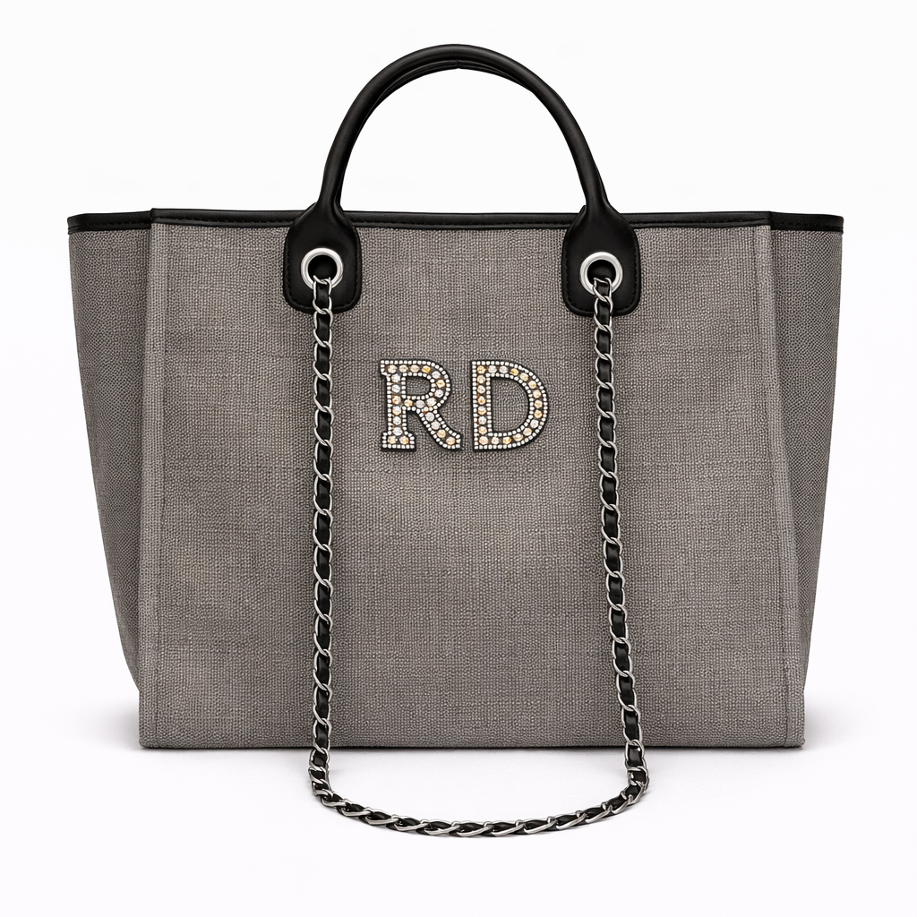 Personalised Silver Black Pearl Patch Chain Large Initial Tote Bags