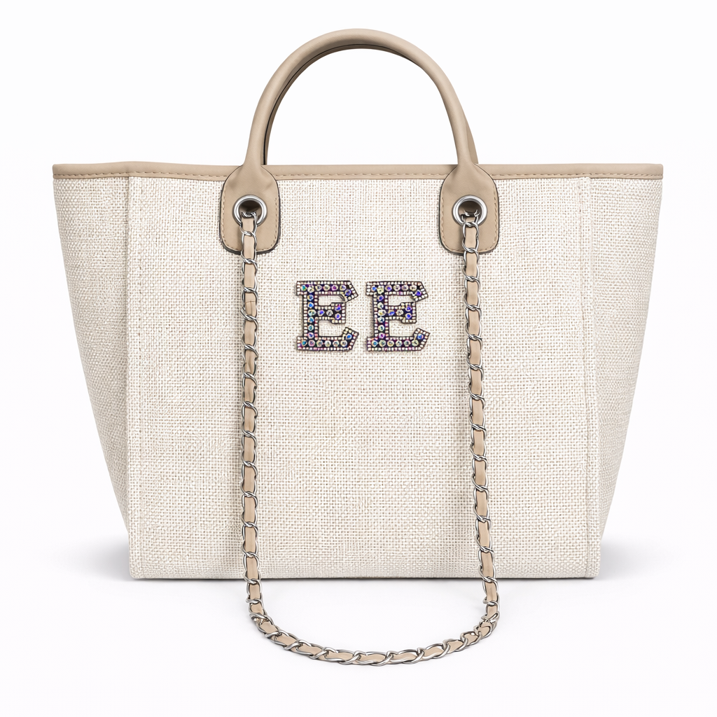Personalised Silver Black Pearl Patch Chain Large Initial Tote Bags
