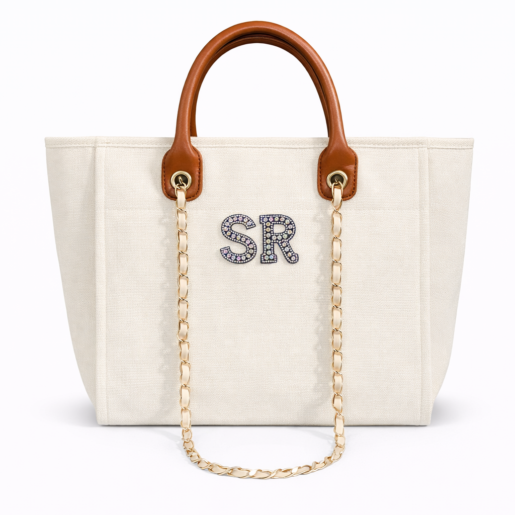 Personalised Silver Black Pearl Patch Chain Large Initial Tote Bags