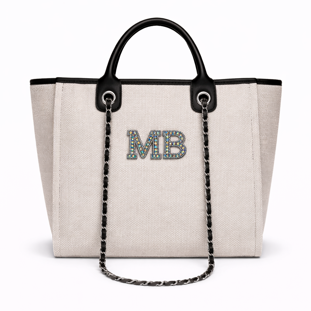 Personalised Silver Black Pearl Patch Chain Large Initial Tote Bags