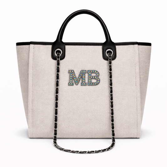Personalised Silver Black Pearl Patch Chain Large Initial Tote Bags