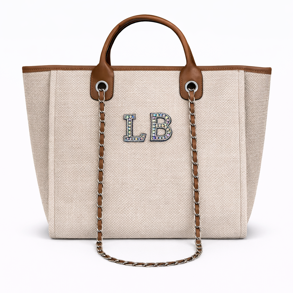 Personalised Silver Black Pearl Patch Chain Large Initial Tote Bags
