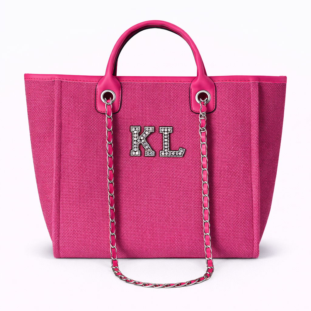 Personalised Silver Black Pearl Patch Chain Large Initial Tote Bags