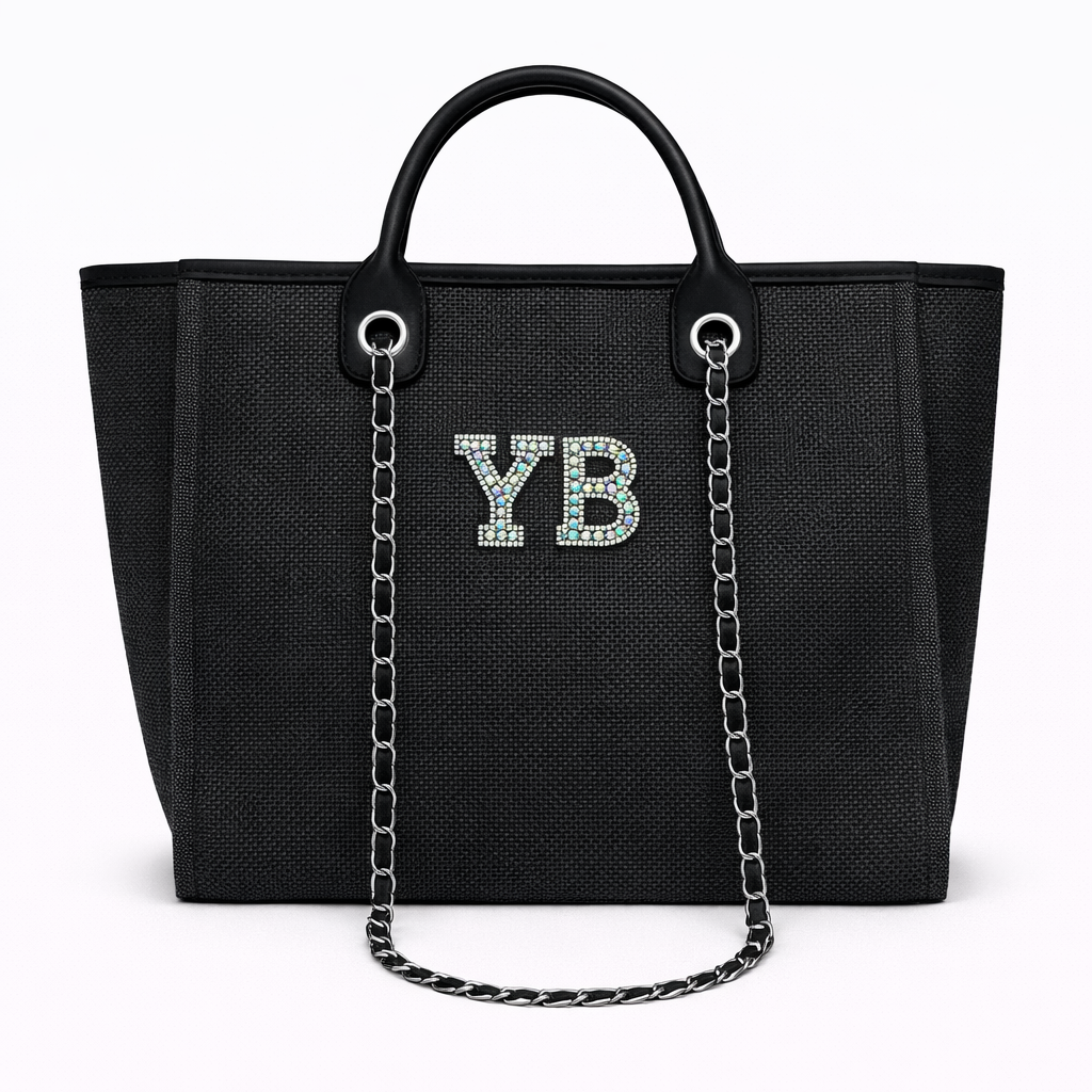 Personalised Silver Black Pearl Patch Chain Large Initial Tote Bags