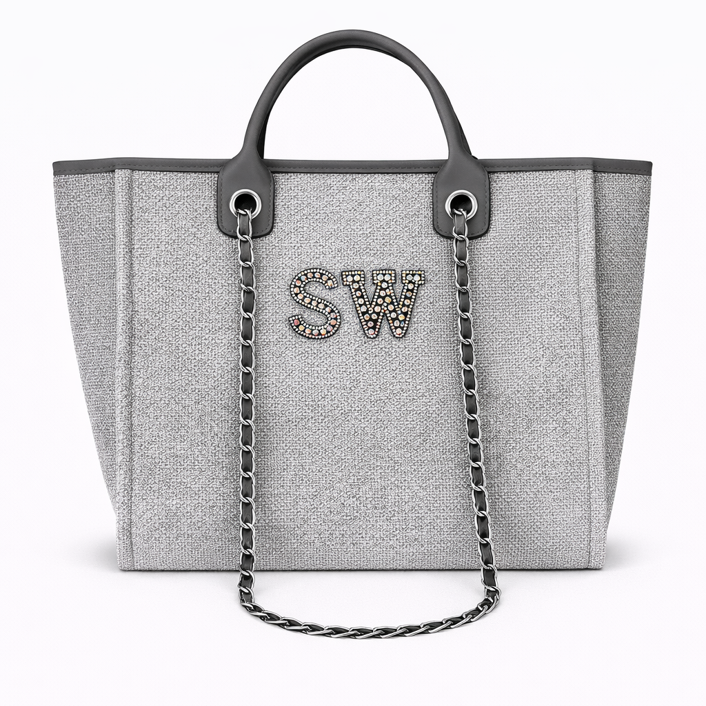 Personalised Silver Black Pearl Patch Chain Large Initial Tote Bags