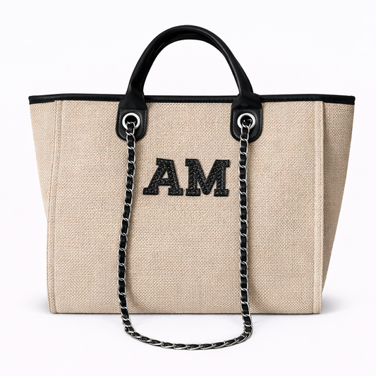 Personalised Matte Black Pearl Patch Chain Large Initial Tote Bags