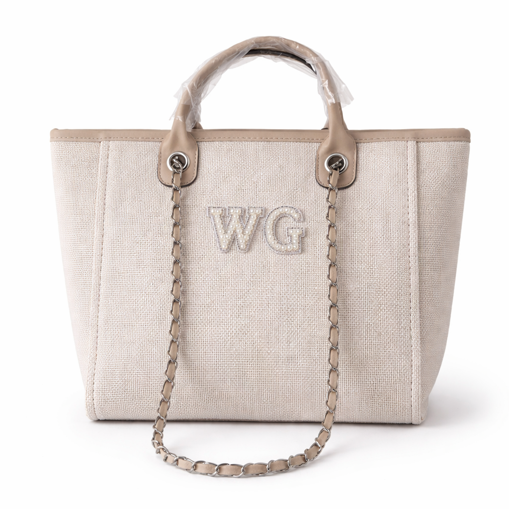 Personalised White Pearl Patch Chain Large Initial Tote Bags